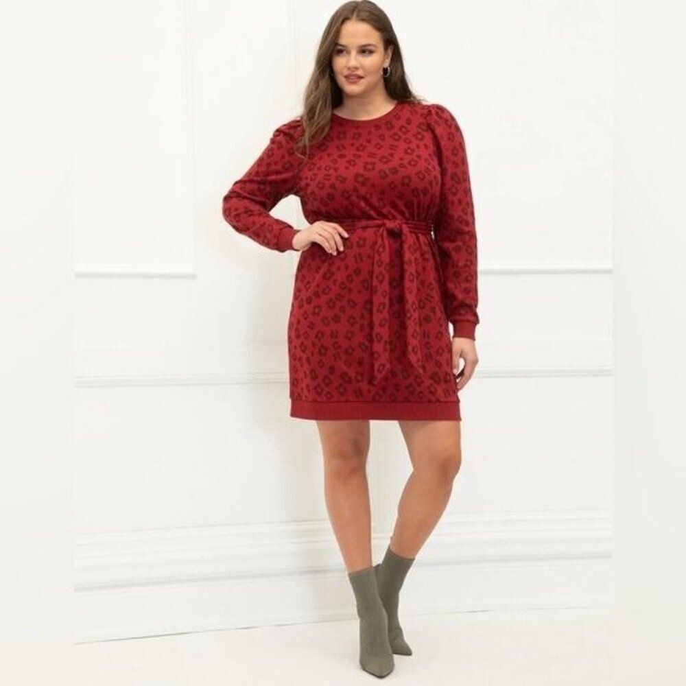 ELOQUII Elements Puff Sleeve Leopard Print Sweatshirt Dress red 14 16 NWT